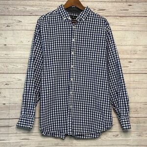 Beverly‎ Hills Polo Club Mens 2XLB Gingham Button Down Shirt Navy Blue White